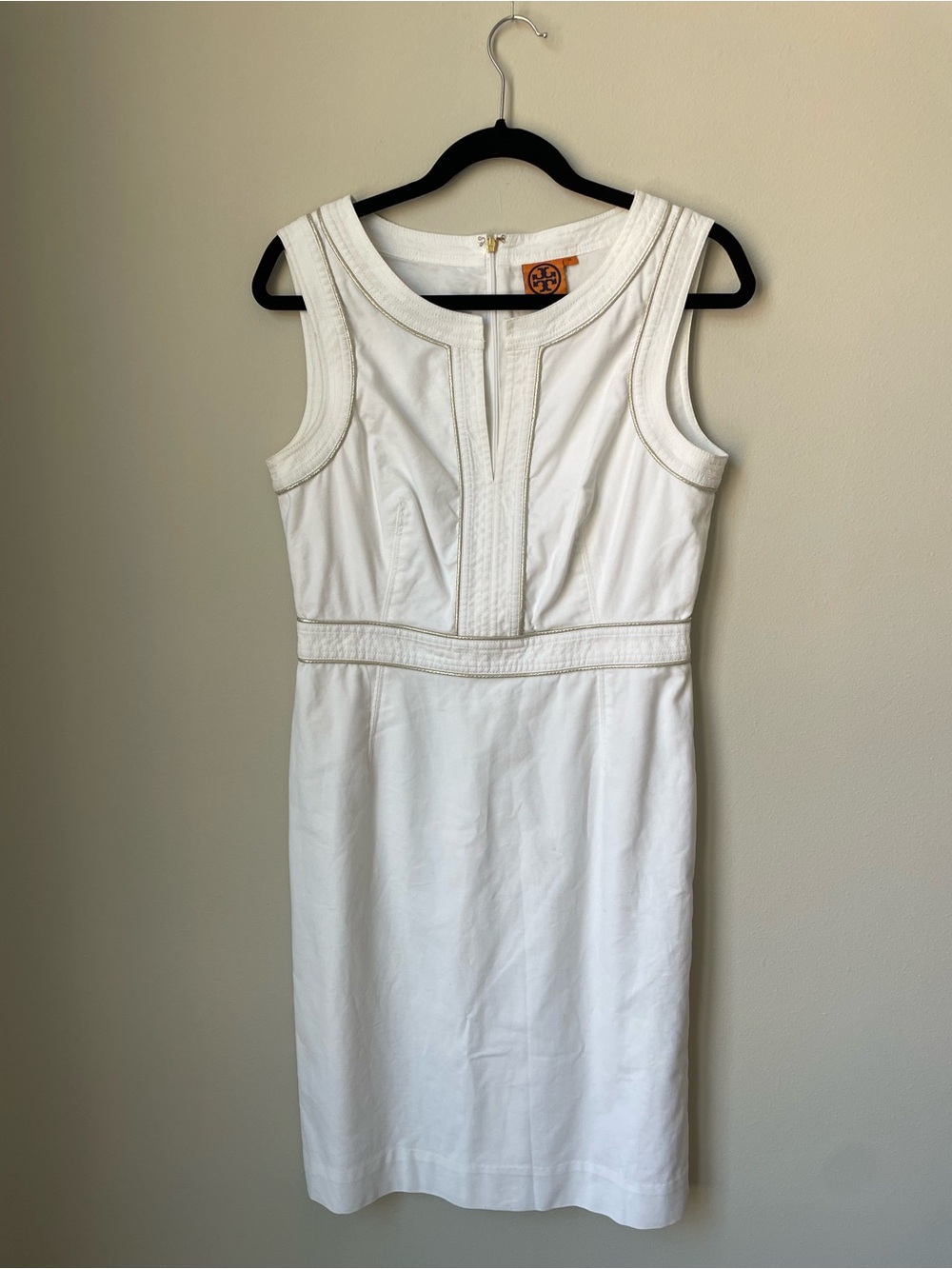Tory Burch White Cotton Sheath Dress Silver Trim Lined Size 10